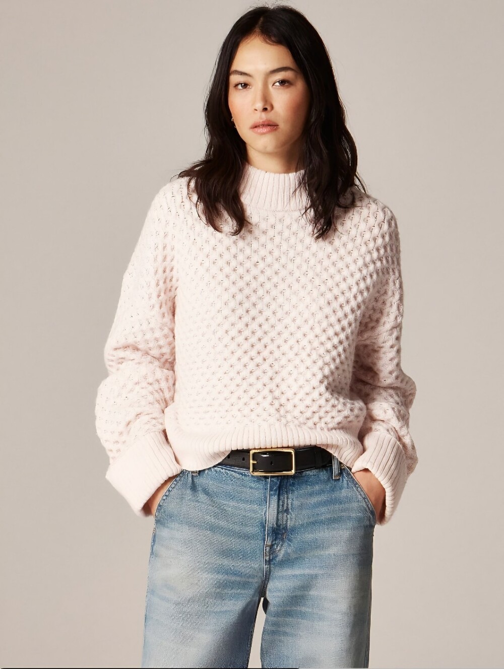 J.Crew Women's Honeycomb mockneck sweater in wool blend Sz M Pale Pink $148